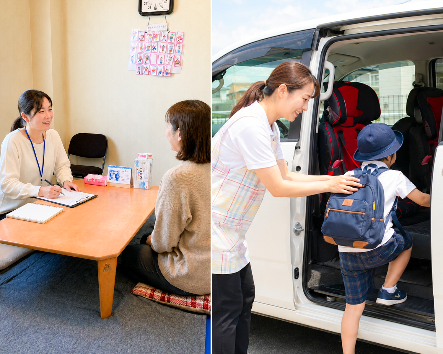 発達相談の様子と送迎車を利用するお子さま